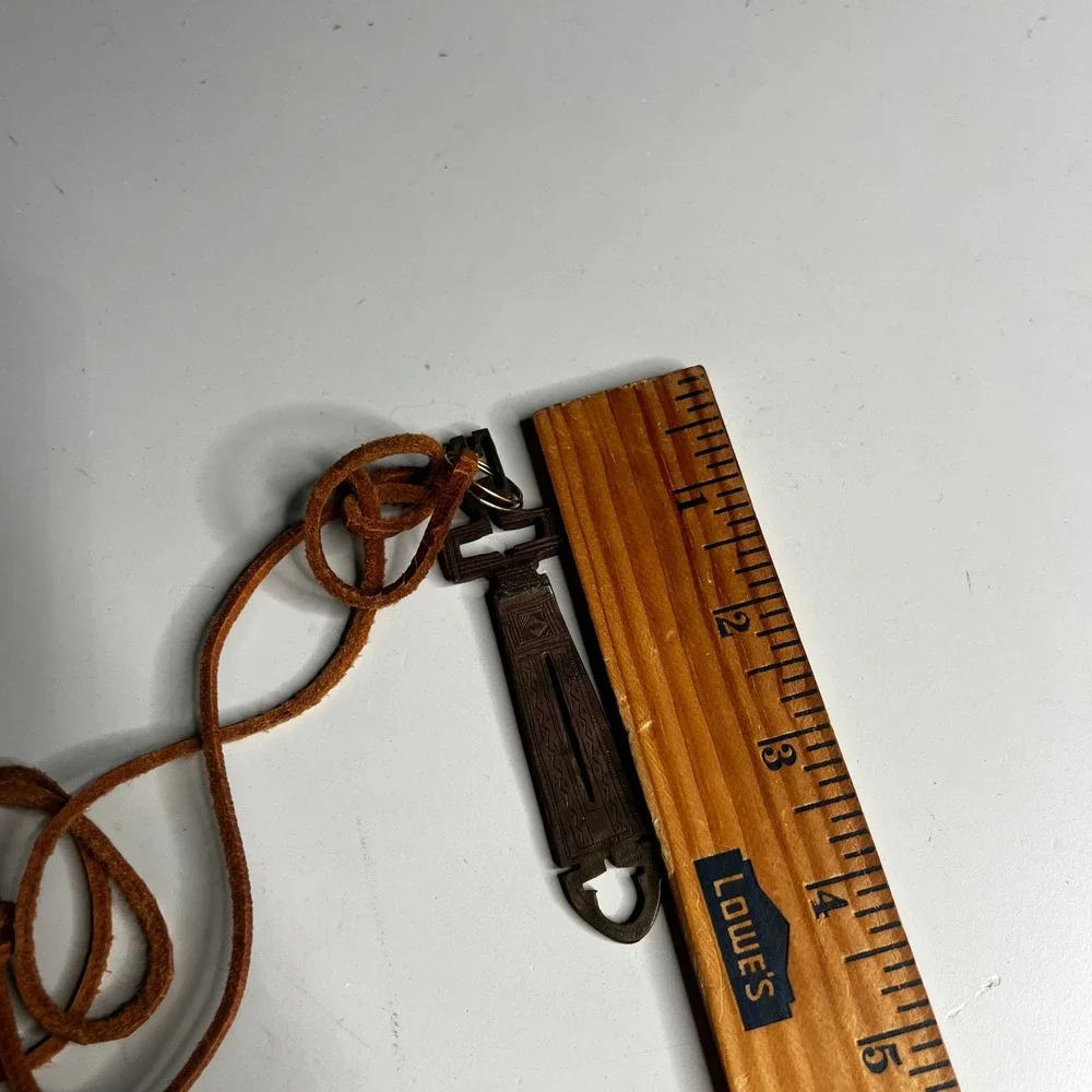 Vintage Tuareg Agadez Cross Pendant Necklace Etched Metal Leather Cord Tribal